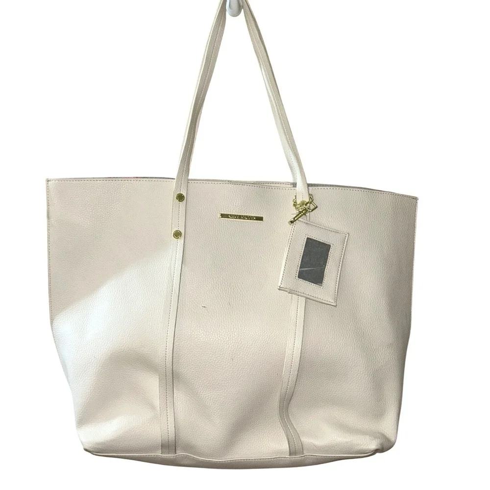 Steve Madden Off‎ White Pebbled Leather Tote Bag Floral Lining with Card Holder